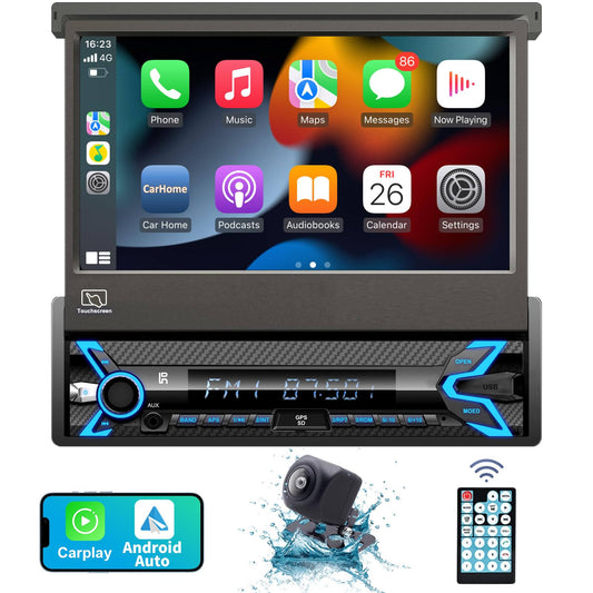 (Motorized) Single Din Car Stereo Compatible with Apple Carplay & Android Auto 7 Inch Flip Out Touchscreen Car Stereo with Bluetooth| Mirror Link|